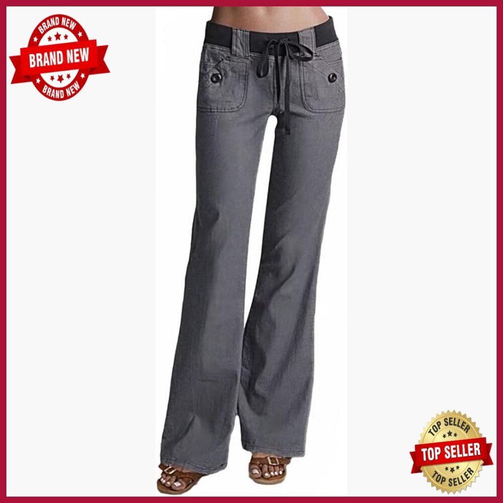Low Rise Cargo Wide Leg Pants Drawstring Flap Pockets Casual Flare